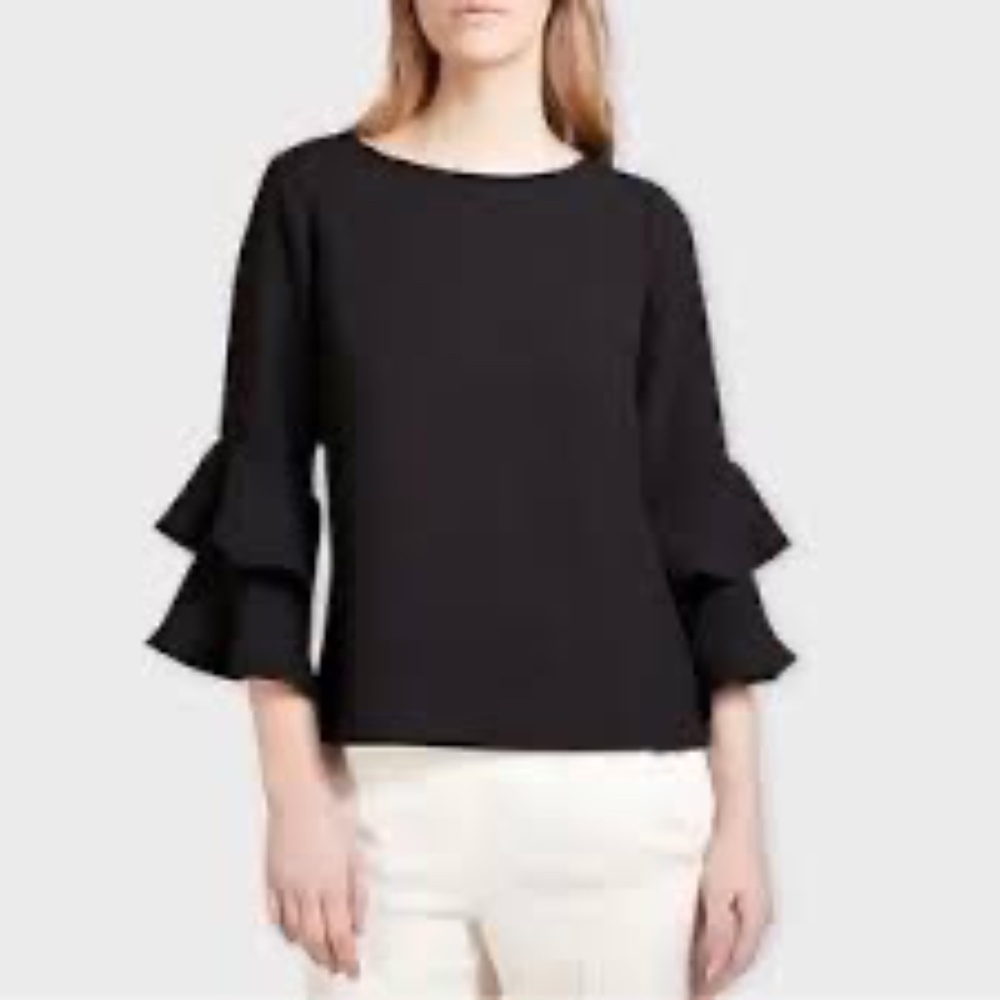 J Crew Black Drapey Crepe 3/4 Tiered Bell-Sleeve Top Size 16 EUC